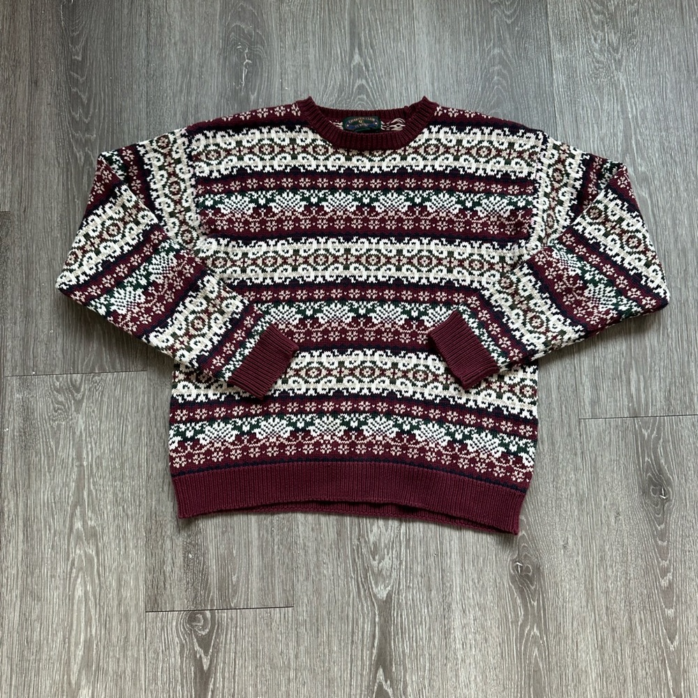 Vintage 90s Charter Club Red and White Crewneck Sweater with Fair Isle Pattern